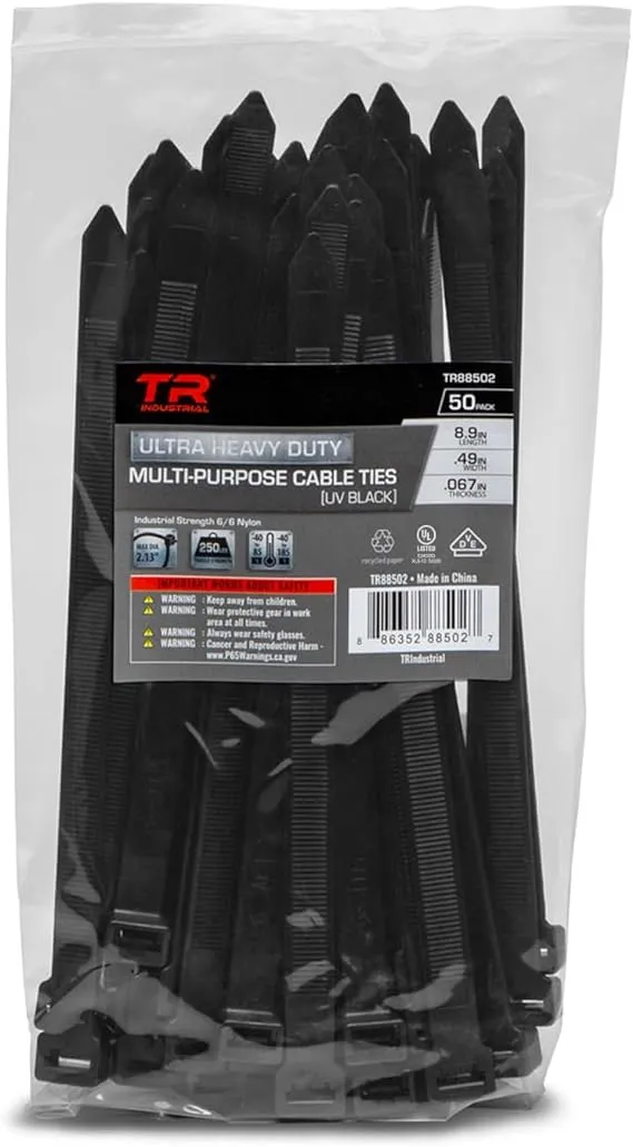 TR Industrial Ultra Heavy Duty Multi-Purpose UV Cable Ties (50-Piece), 250 lbs. Tensile Strength, 8.9 inch, Black