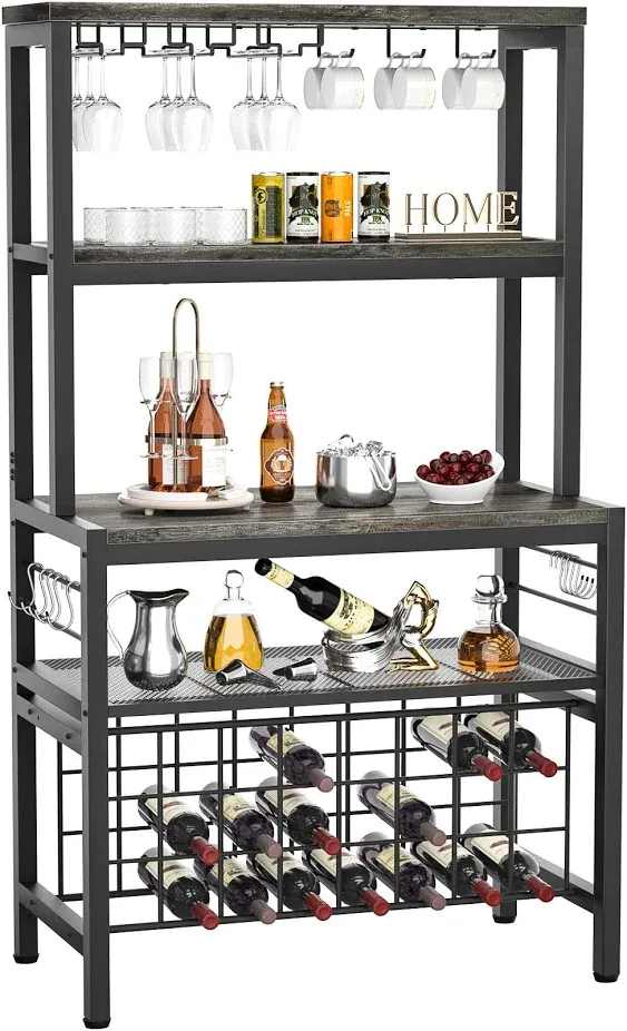 Unikito 4-Tier Metal Coffee Bar Cabinet with Outlet and LED Light, Freestanding Floor Bar Table for Liquor with Glass Holder and Wine Rack Storage, Wine Bakers Rack for Kitchen Dining Room, Gray Oak