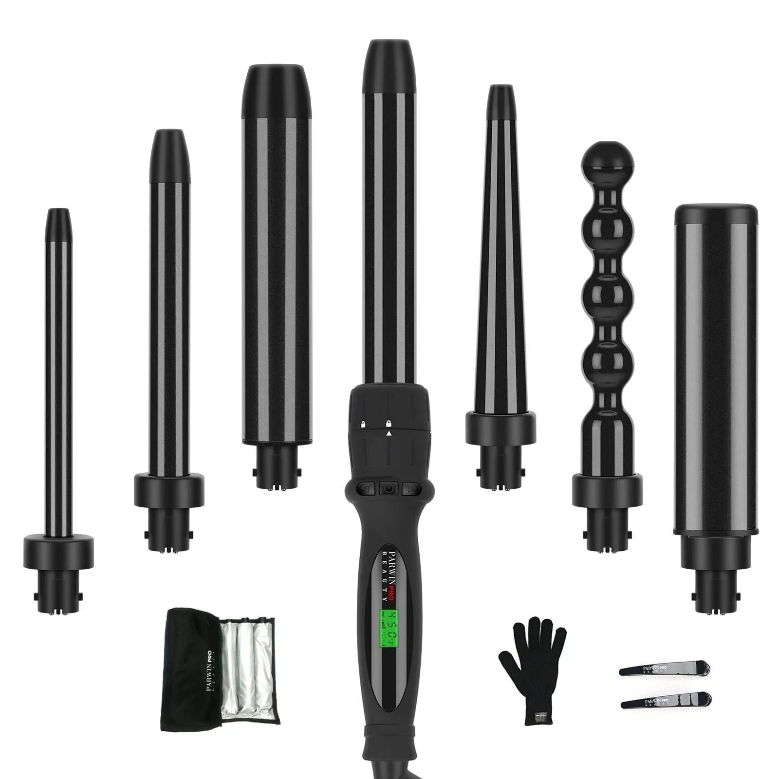 PARWIN PRO BEAUTY 7 in 1 Curling Iron Wand Set,Dual Voltage with 7 Interchangeable Barrels ,lcd Temperature Control Auto Shut Off