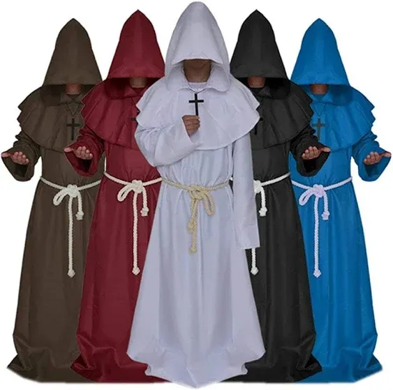 Medieval Hooded Friar Monk Renaissance Priest Robe Costume Cosplay Halloween