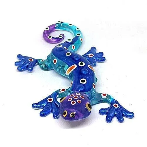 ZOOCRAFT Glass Gecko Figurine Blue Miniature Hand Blown Lampwork Animal Statue Decor