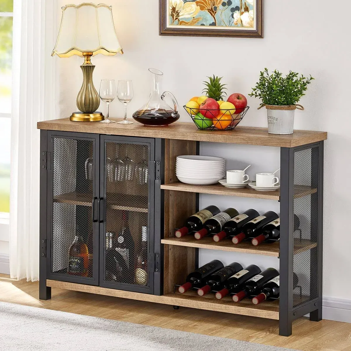  Coffee Bar Cabinet with Storage, Industrial Wine Cabinet with Wine Racks, Bar 