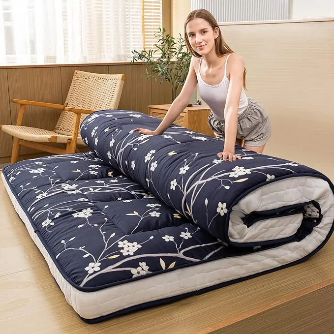 MAXYOYO Navy Floral Pattern Futon Mattress, Japanese Floor Mattress Bed Mattress Topper, Extra Thick Folding Sleeping Pad Guest Bed, Twin