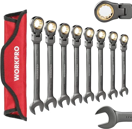 WORKPRO 8-piece Flex-Head Ratcheting Combination Wrench Set, Metric 9-17 mm, 72-Teeth, Cr-V Constructed, Nickel Plating with Organization Bag