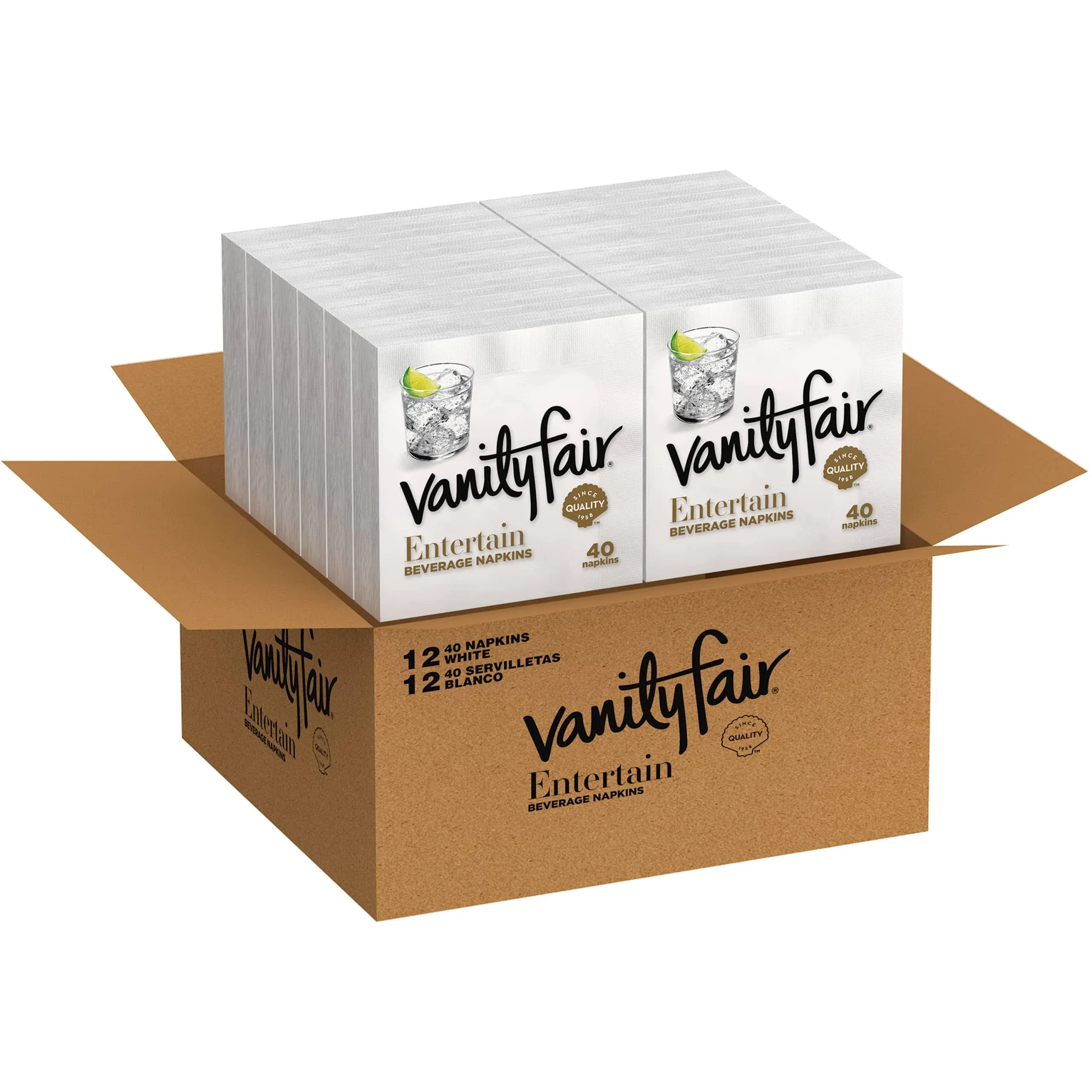 Vanity Fair Entertain Beverage Napkins, 2-Ply, 9.8 x 9.8, White, 40/Pack, 12 ...