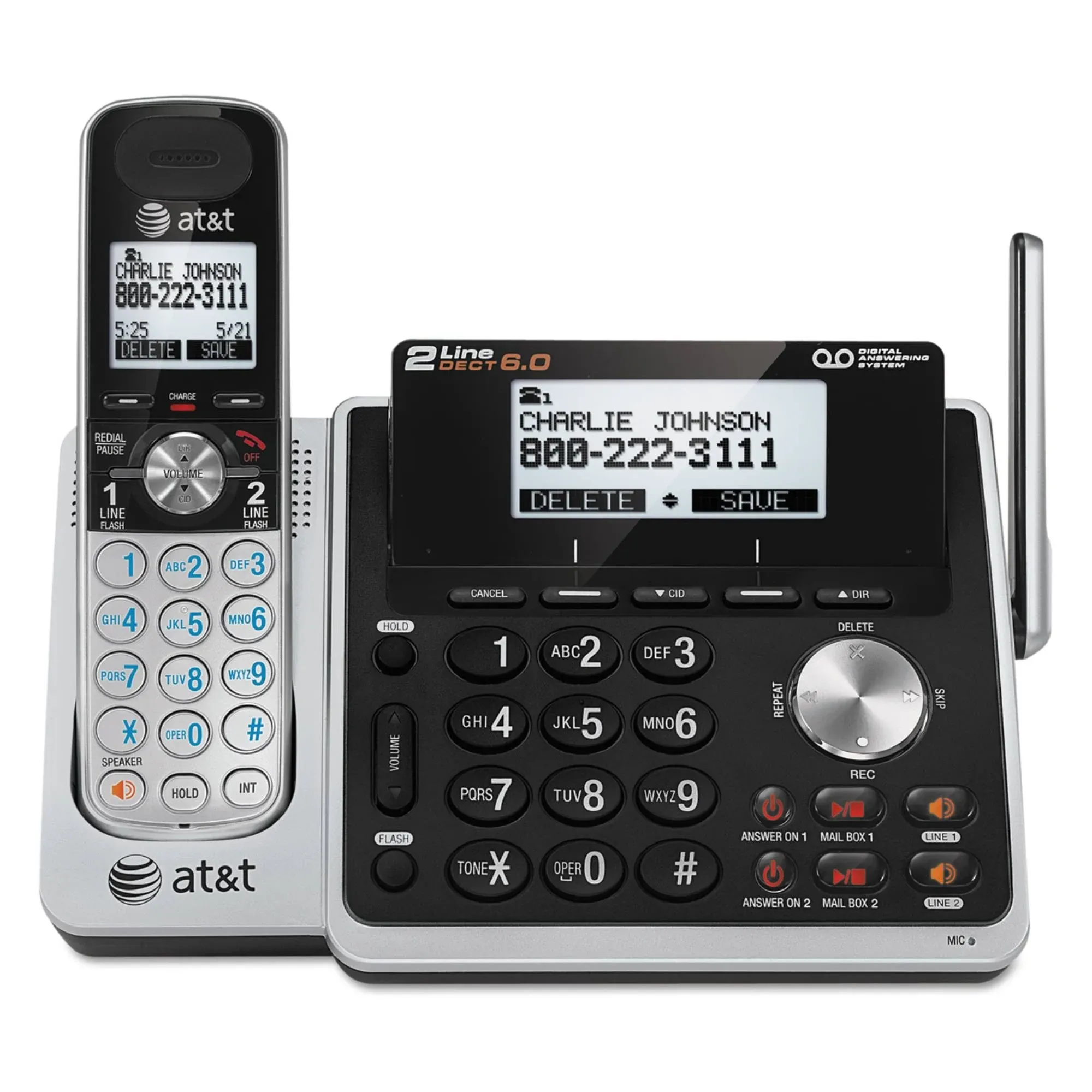 AT&T TL88102 DECT 6.0 Digital 2-Line Cordless Phone With Answering, Silver/Black