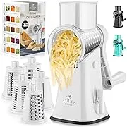 Rotary Cheese Grater with Handle & Upgraded Suction Base - Cheese Shredder with 5 Interchangeable Stainless Steel Blades - Multifunctional Vegetable Cutter & Nut Grinder with Blade Storage Box (White)