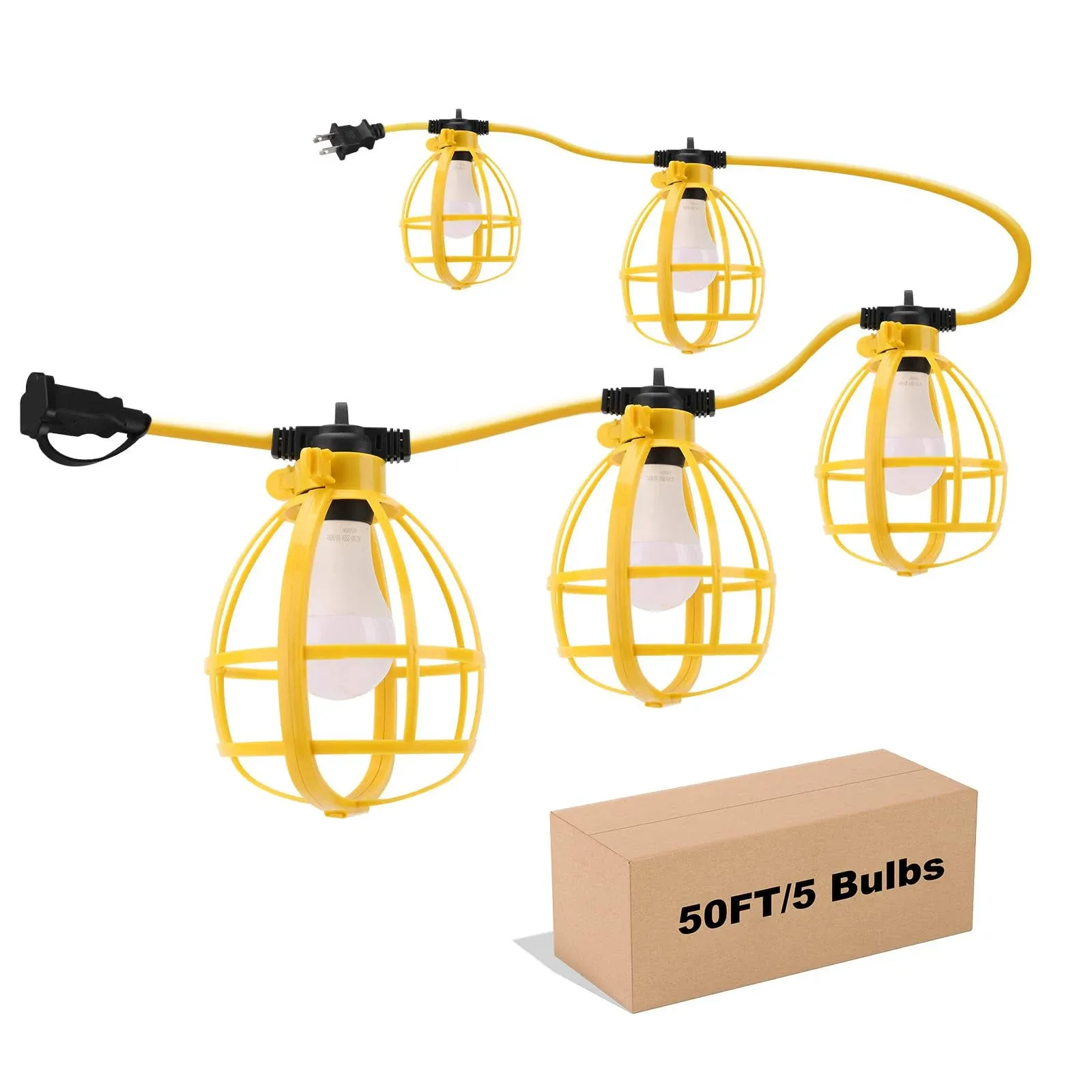 50FT Construction String Lights, 50W 5 Bulbs Work Lights with E26 Base, IP65 ...