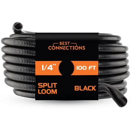 Nippon America 1/4" X 100 ft Split Wire Loom Flex-Guard Convoluted Tubing – Protective Split Cable Sleeves for Automotive Home Industrial Electrical Wires – Chemical Resistant Cable Conduit – Black