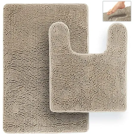 Tafts THIQQ Memory Foam Bathroom Rugs and Mats Sets Ultra Soft Chenille Microfiber Absorbent Non-Slip Machine Washable Shaggy Rugs Bath Mat for Bathroom Shower & Tub Almond Beige