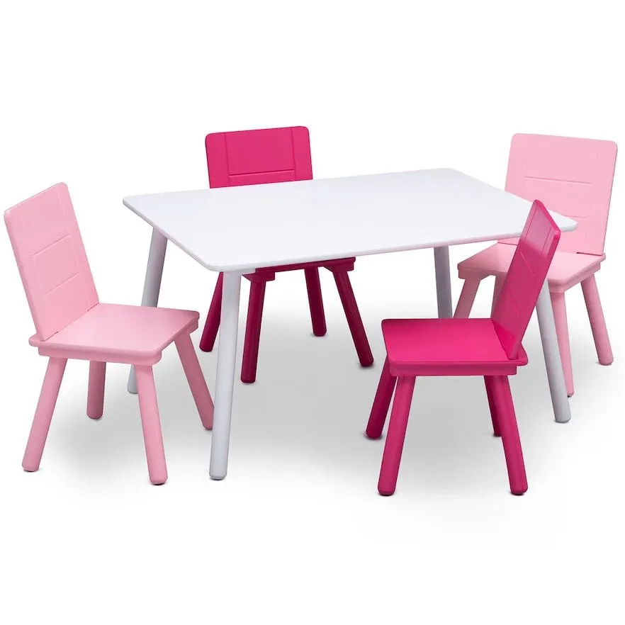 Delta Children Kids Chair Set and Table (4 Chairs Included), White/Pink