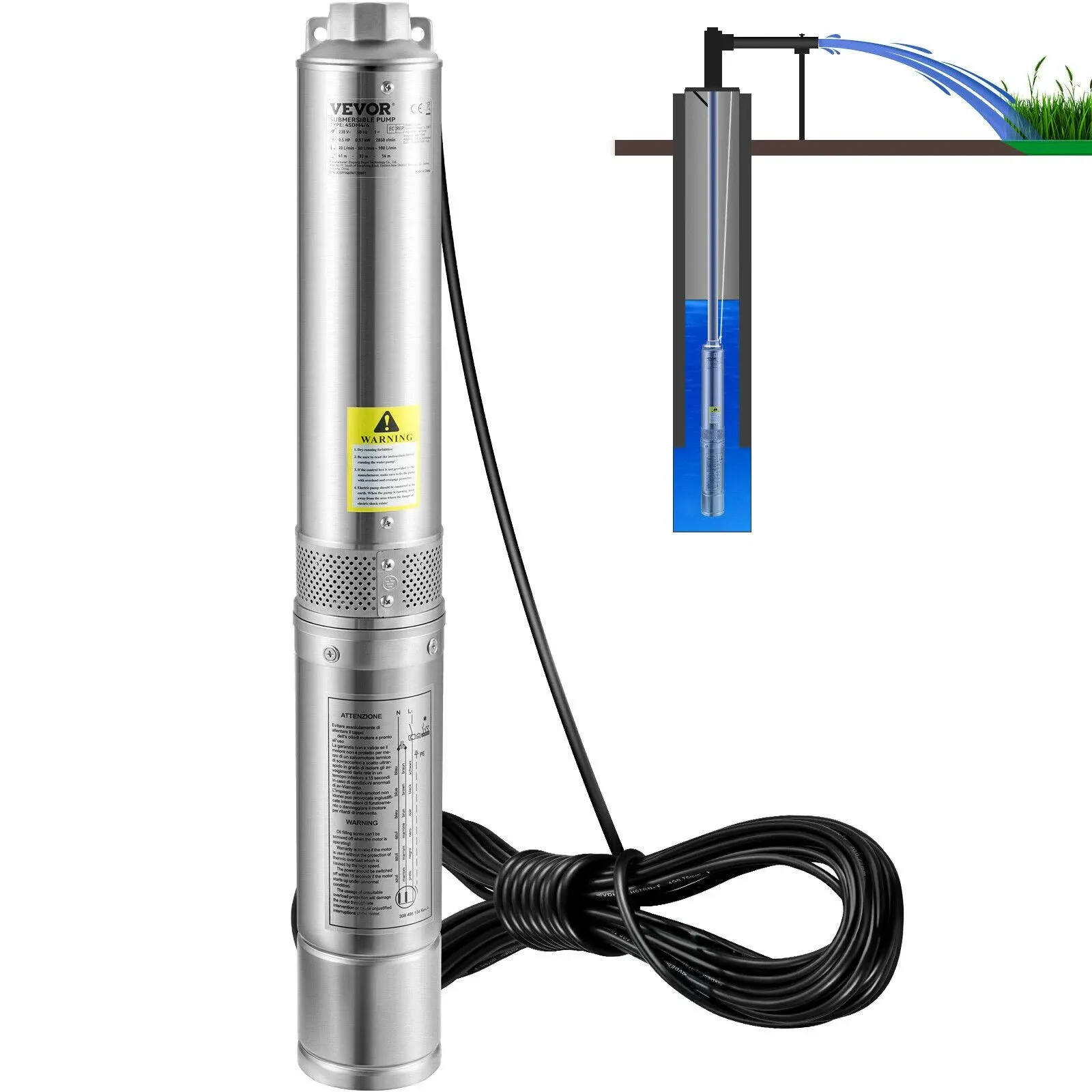 VEVOR 1HP 230V 60Hz 37gpm Flow Deep Well Submersible Pump with 207 ft. Head & 33 ft. Electric Cord