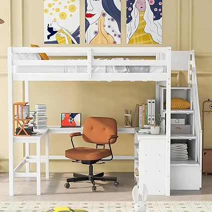 Full Size Loft Bed with Stairs and Desk, Solid Wood Loft Bed Frame with Storage, for Kids Teens Adults (Full, White)