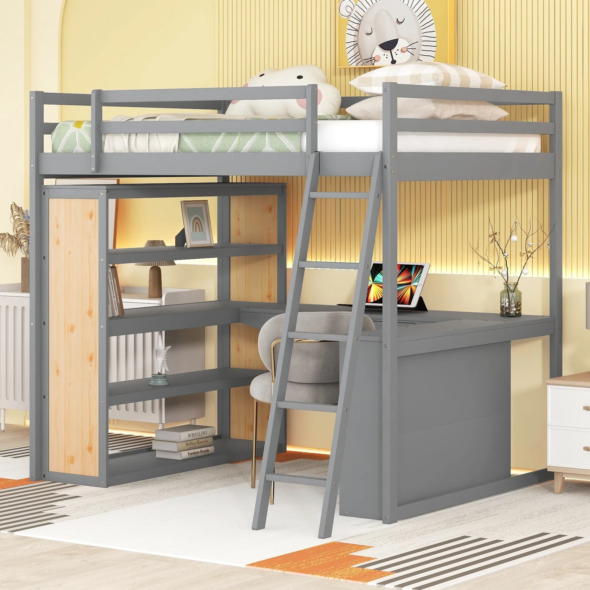 Full Size Loft Bed with Storage Shelves, Desk & Practicality Bookcase, Solid Wood Slat Support, Perfect Space for Kids & Teens