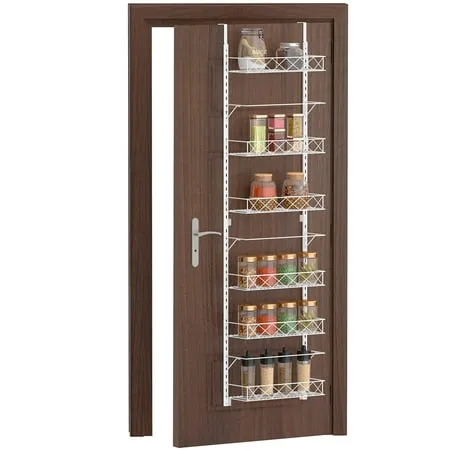 Auledio Over Door Pantry Organizer Rack, Adjustable 6 Tier Heavy-Duty Storage Organizer Spice Rack for Kitchen - White