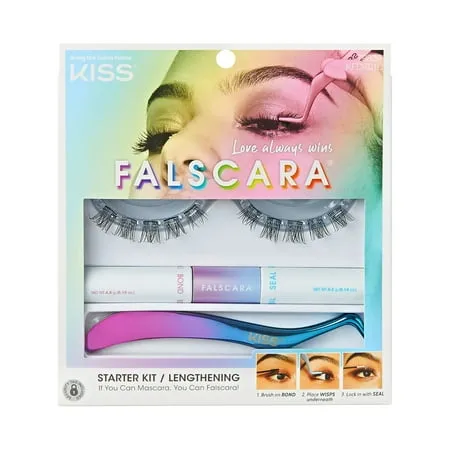 KISS Falscara DIY Lash Extension Starter Kit With 10 Eyelash Lengthening Wisps, Applicator and Bond & Seal – Artificial Featherlight Synthetic Reusable Lash Clusters with Super Hold Microbands