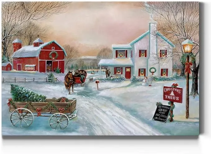 Renditions Gallery Christmas Tree Farm Wall Art, Country Winter Scene with Red Barn, Charming Decorations, Premium Gallery Wrapped Canvas Decor, Ready to Hang, 24 in H x 36 in W, Made in America