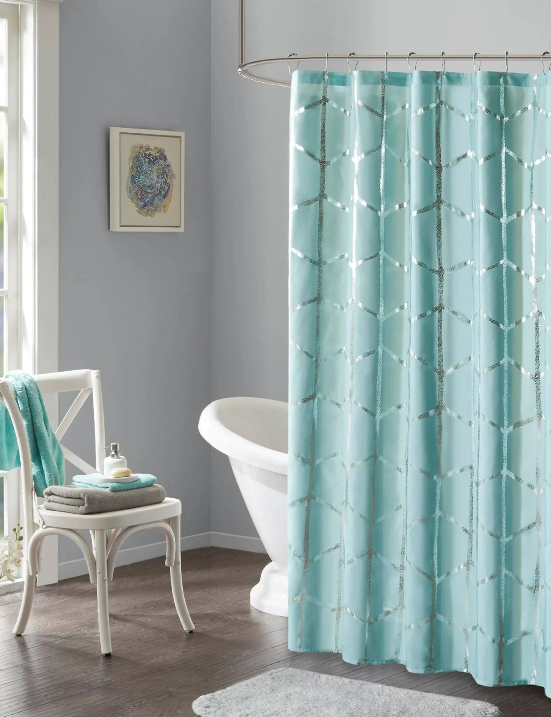 Intelligent Design Aqua Raina Printed Metallic Shower Curtain