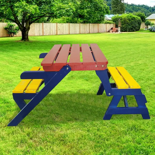 Kids Outdoor Picnic Table Set with Bench, 2 In 1 Colorful Toddler Activity Table, Wooden Children Table and Chair Set for Indoor Garden Patio Yard