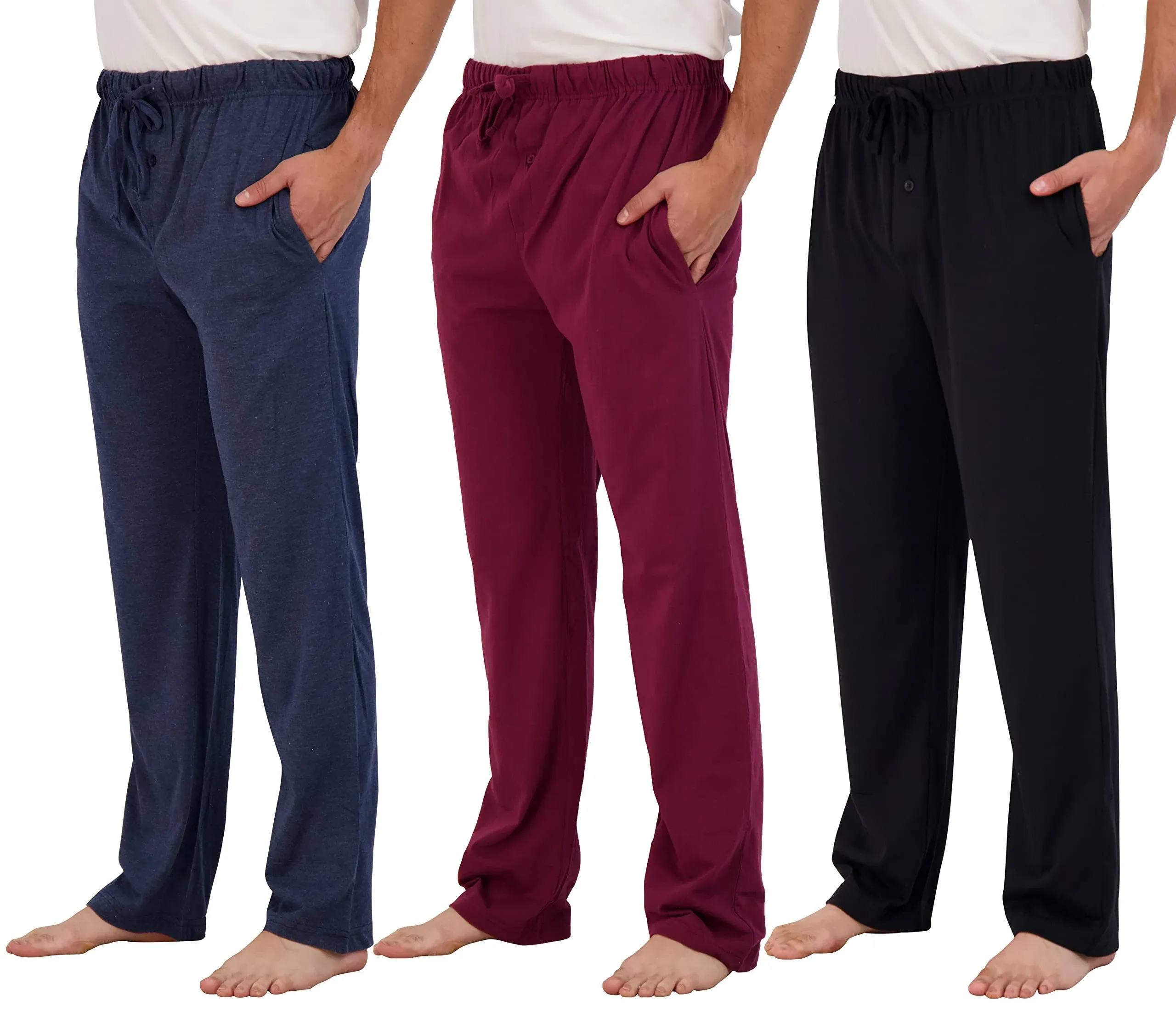 Real Essentials 3 Pack: Men's Pajama Pants - Knit Cotton Flannel Plaid Lounge Bottoms- Button Fly (Available In Big & Tall)