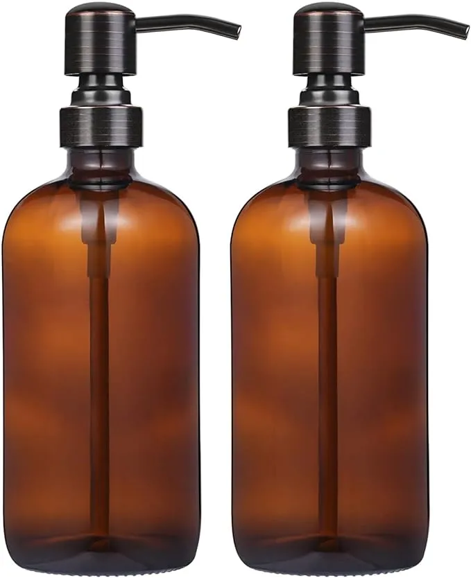 2 Pack 16 Ounce Boston Round Glass Bottles Soap Dispenser with Oil Rubbed Bronze Stainless Steel Pumps