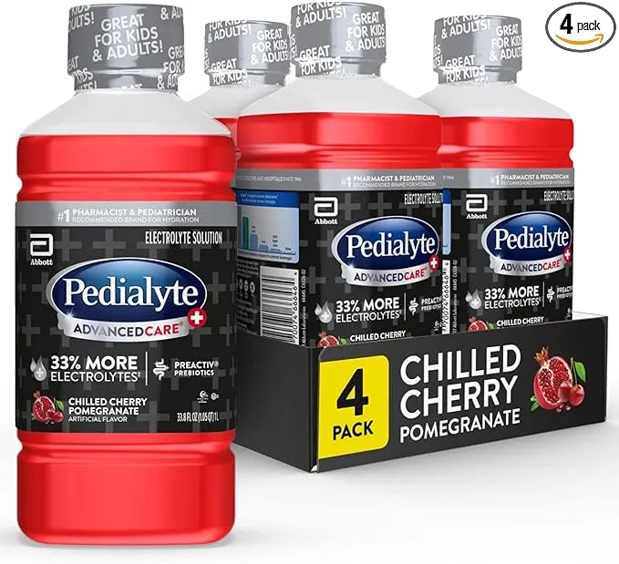 Pedialyte AdvancedCare Plus Electrolyte Drink, With 33% More Electrolytes and has PreActiv Prebiotics, Chilled Cherry Pomegranate 33.8 Fl Oz (Pack of 4)