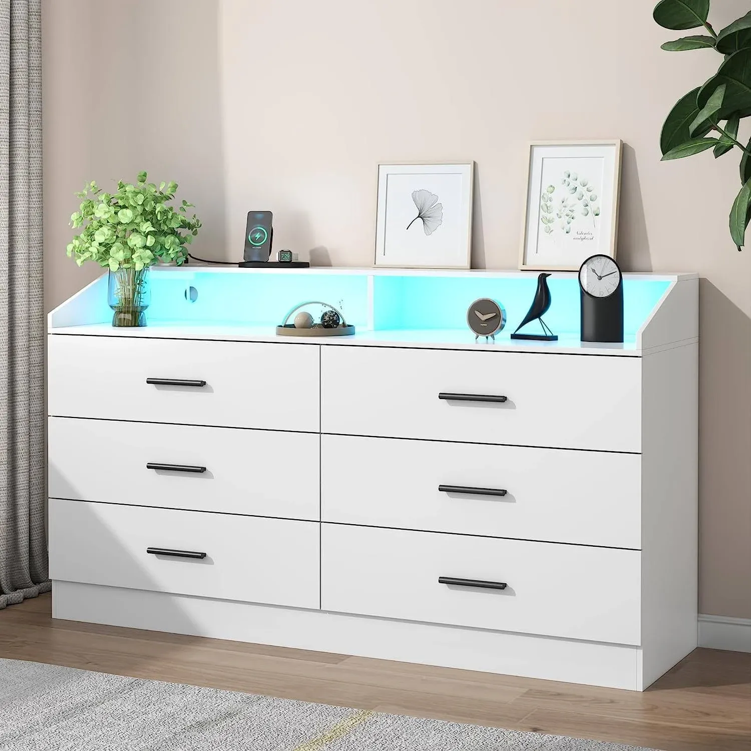 Gyfimoie 6 Drawers Dresser with Power Outlet, Chest of Drawers with LED Light, Modern Dresser with Open Storage Cubby, Double Wide Dresser Organizer for Bedroom, Living Room, Entryway, Hallway (White)