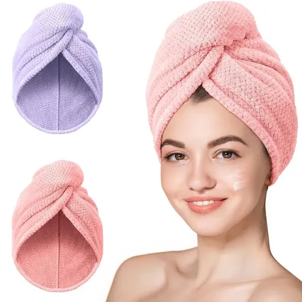 Hicober Microfiber Hair Towel, Super Absorbent Hair Towel Wrap for Women,Fast Drying Hair Wrap Turban for Curly Long All Hair Types Stay Put-2Packs