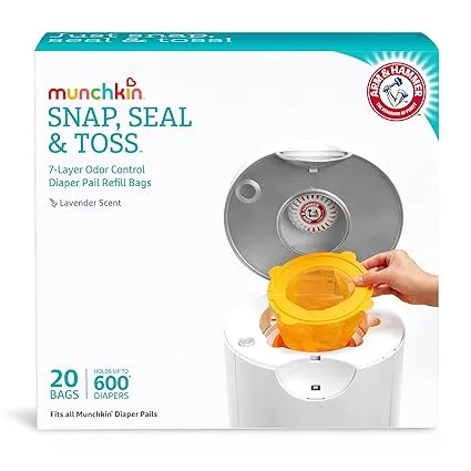 Munchkin® Arm and Hammer Diaper Pail Snap, Seal and Toss Refill Bags, Holds 600 Diapers, White 20 Count