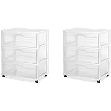 Sterilite Wide 3 Drawer Storage Cart, Plastic Rolling Cart with Wheels to Organize Clothes in Bedroom, Closet, White with Clear Drawers, 2-Pack