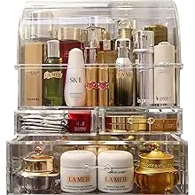 Large Acrylic Makeup Organizer With Lid Cosmetic Storage Drawers Portable Makeup Organizers Dustproof And Waterproof Box For Women (Gold/Clear, 11.8inx 14in x 7in)Large Acrylic Makeup Organizer With Lid Cosmetic…