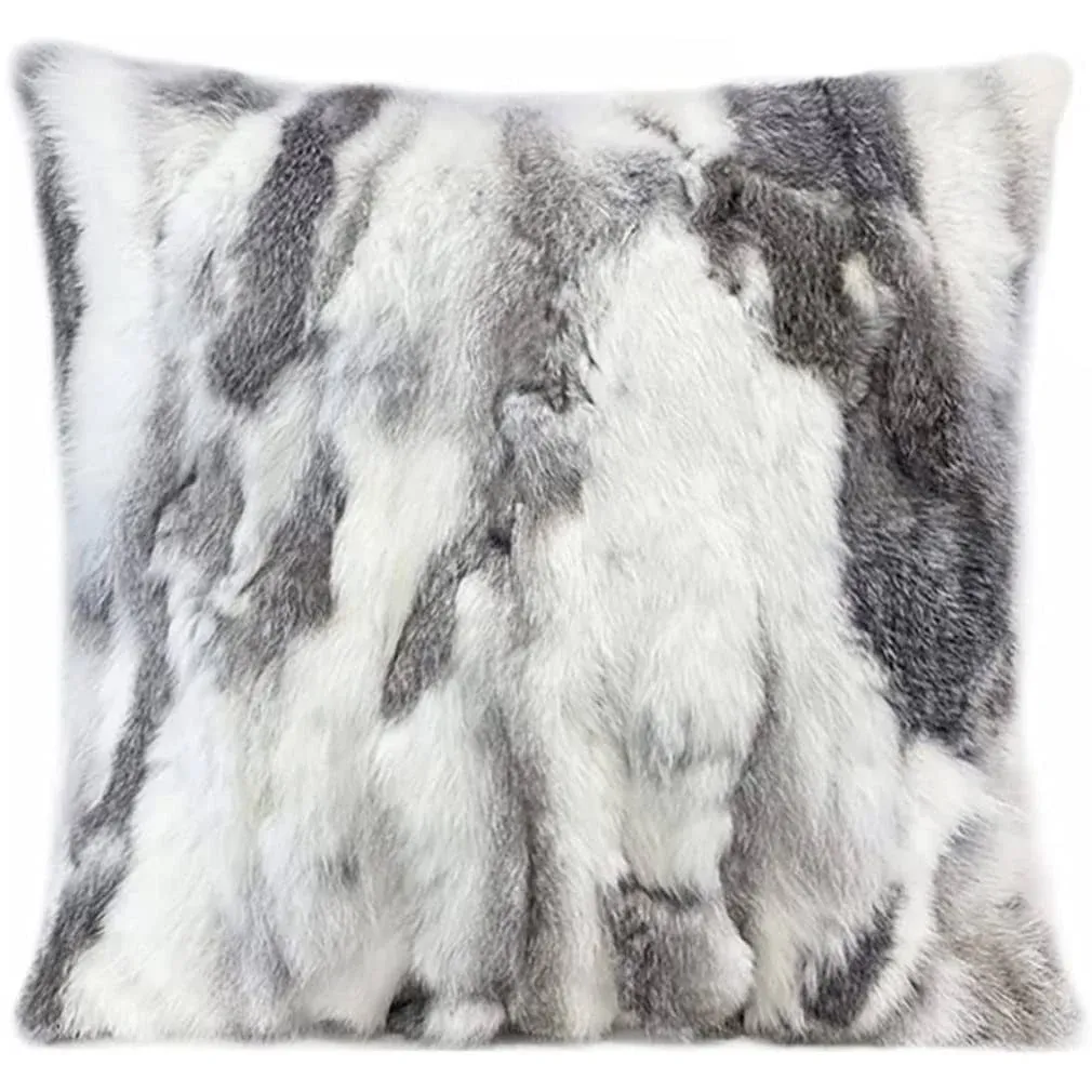 Natural Handcrafted Rabbit Fur Throw Pillow Covers, Real Rabbit Fur Pillow Case Luxury Animal Skin Cushion Cover Pillowcase Home Living Room Bedroom Grey 18 x 18