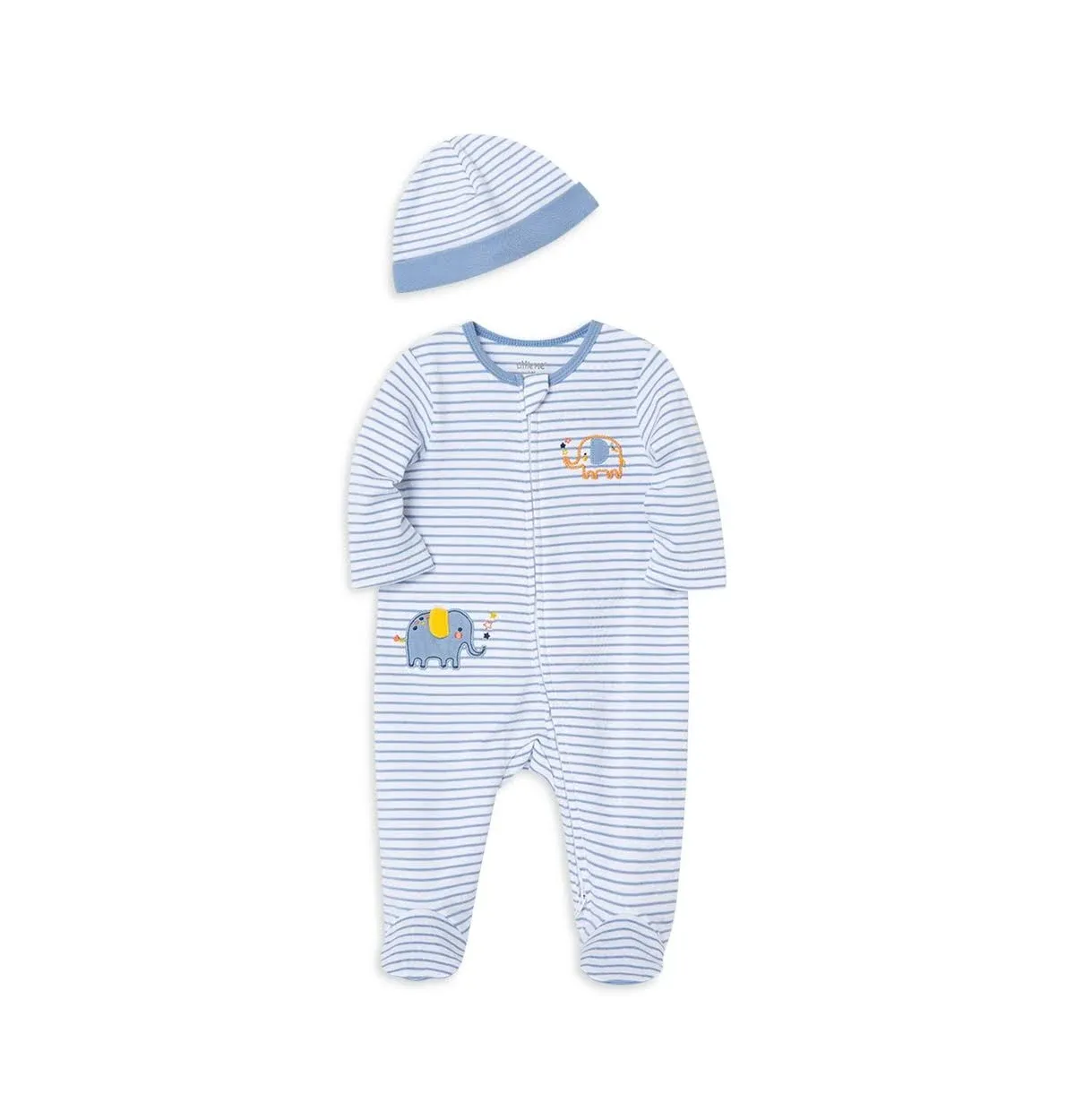 Little Me Baby Boy Clothes 2-Piece Baby Sleeper and Cap Set 100% Cotton Footies with Full 2-way Zipper and Scratch Free Tags Baby Essentials - Newborn, Striped Elephants