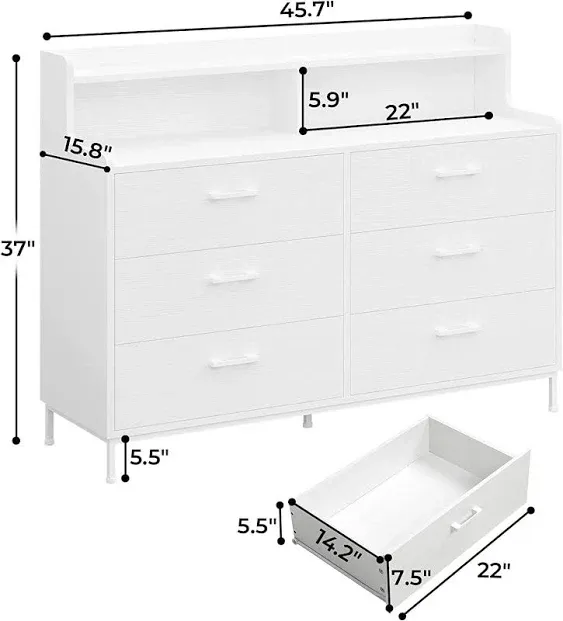 Hasuit White 6 Drawers Dresser for Bedroom with Storage Shelves, Large Wooden Storage Tower Dresser Organizer, Wide Chest of Drawers, Dresser for Bedroom, Living Room, Entryway