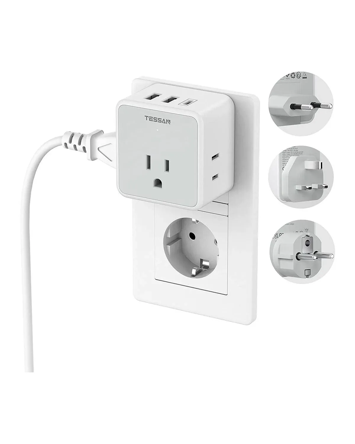 TESSAN All European UK Travel Plug Adapter Kit, International Detachable Converter with 3 Outlet 3 USB Charger (1 USB C), Type C/G/E/F EU UK Power Adaptor, US to Europe Italy Spain France Ireland