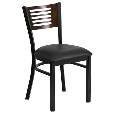 Flash Furniture HERCULES Series Black Slat Back Metal Restaurant Chair - Walnut Wood Back, Black Vinyl Seat