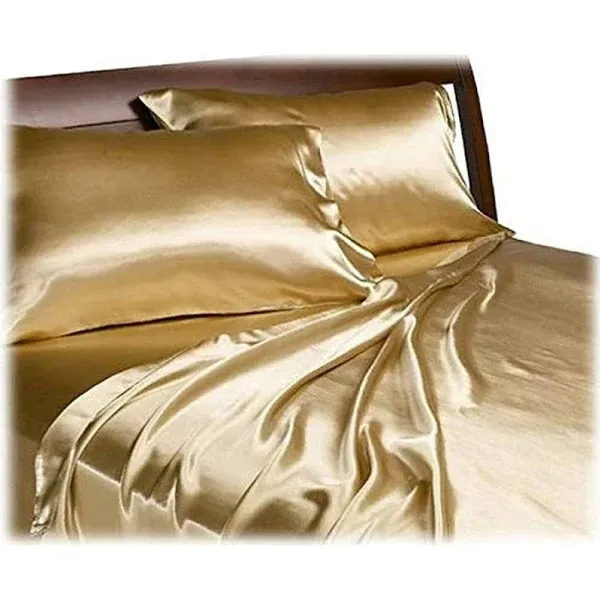 King Size Sheet 4 Set Gold High Quality Woven 100% Polyester Satin 9.3&#034; x 3.4&#034;