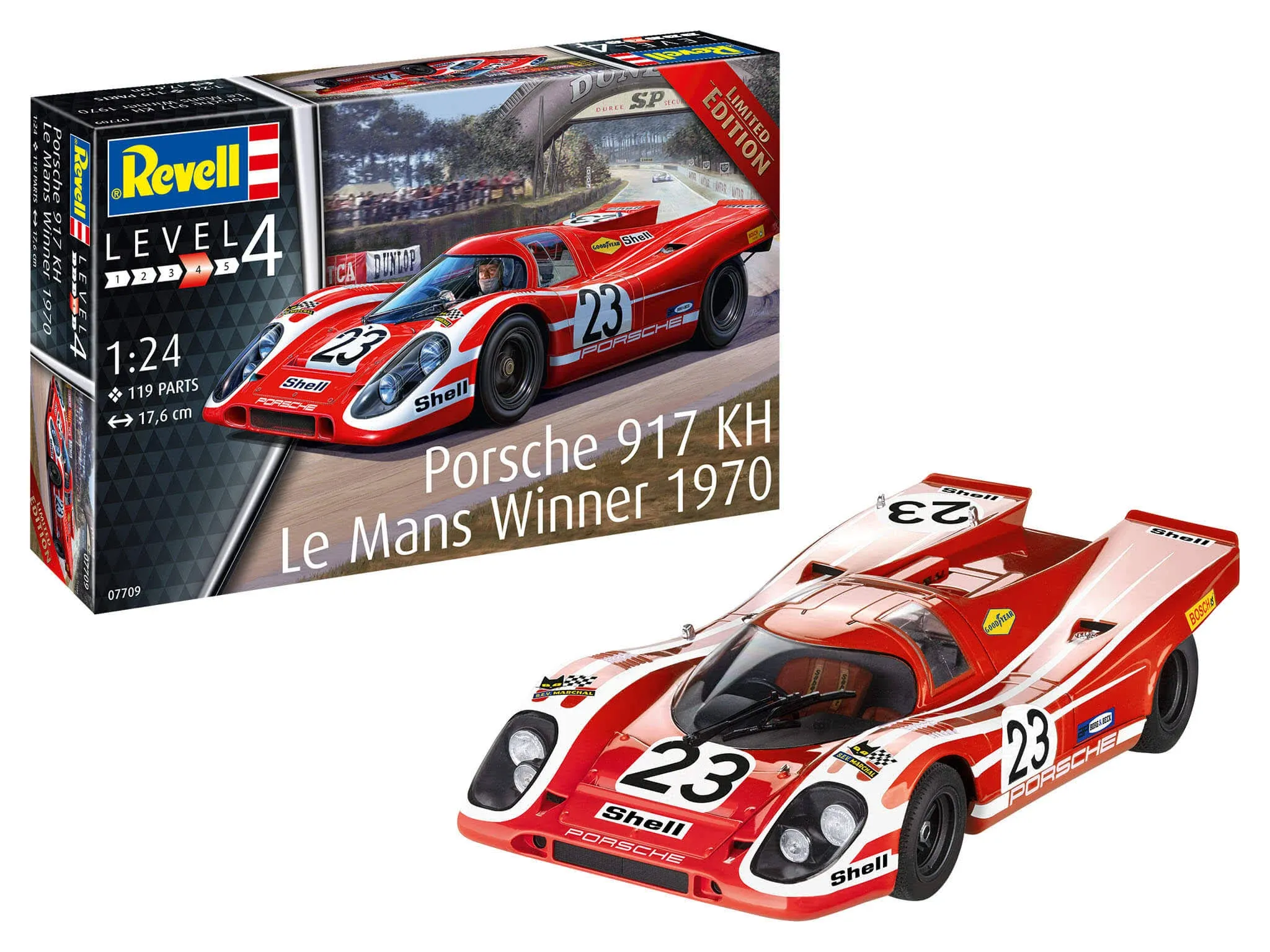 Revell 07709 Porsche 917K Le Mans Winner 1970 1:24 Scale Model Kit, Unpainted, Red