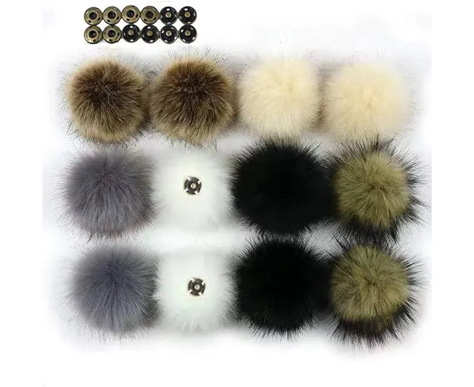 12pcs DIY Faux Fur Snap Pompoms Ball Mixed Color Fluffy Pompom with Press Button Removable for Knitting Hats Scarves Shoes Bag Charms Accessories