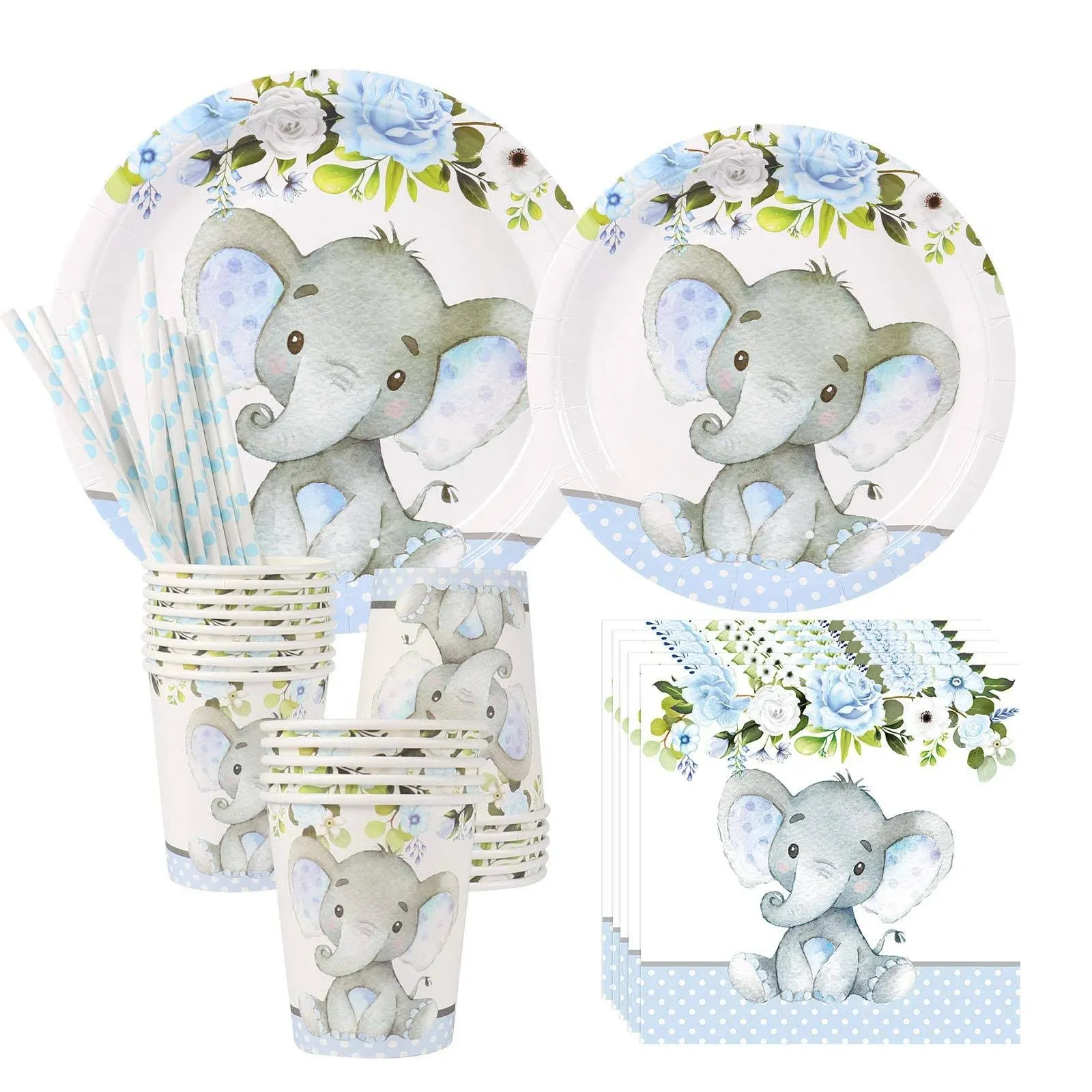 All Ewired Up Elephant Baby Shower | Serves 24 | Blue Elephant Party Supplies Decorations | Elephant Baby Shower or Birthday for Little Boy | Dinner Plates,