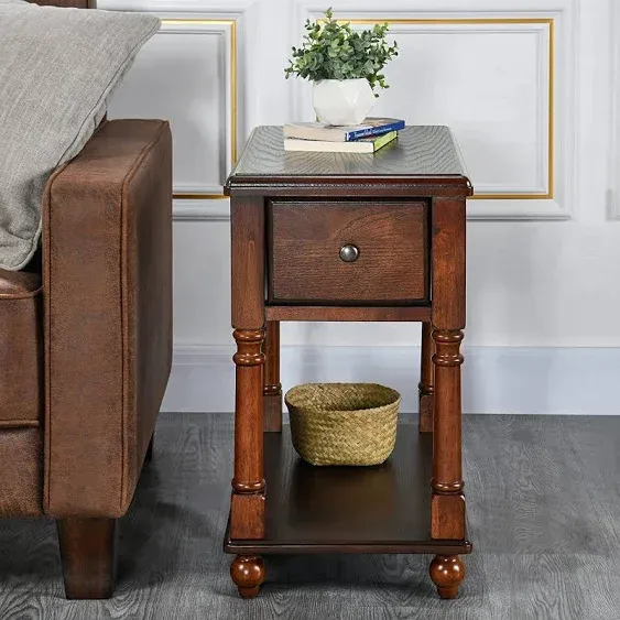 Narrow End Table with Drawer, Solid Wood Sofa Side Table with Storage Shelves, S