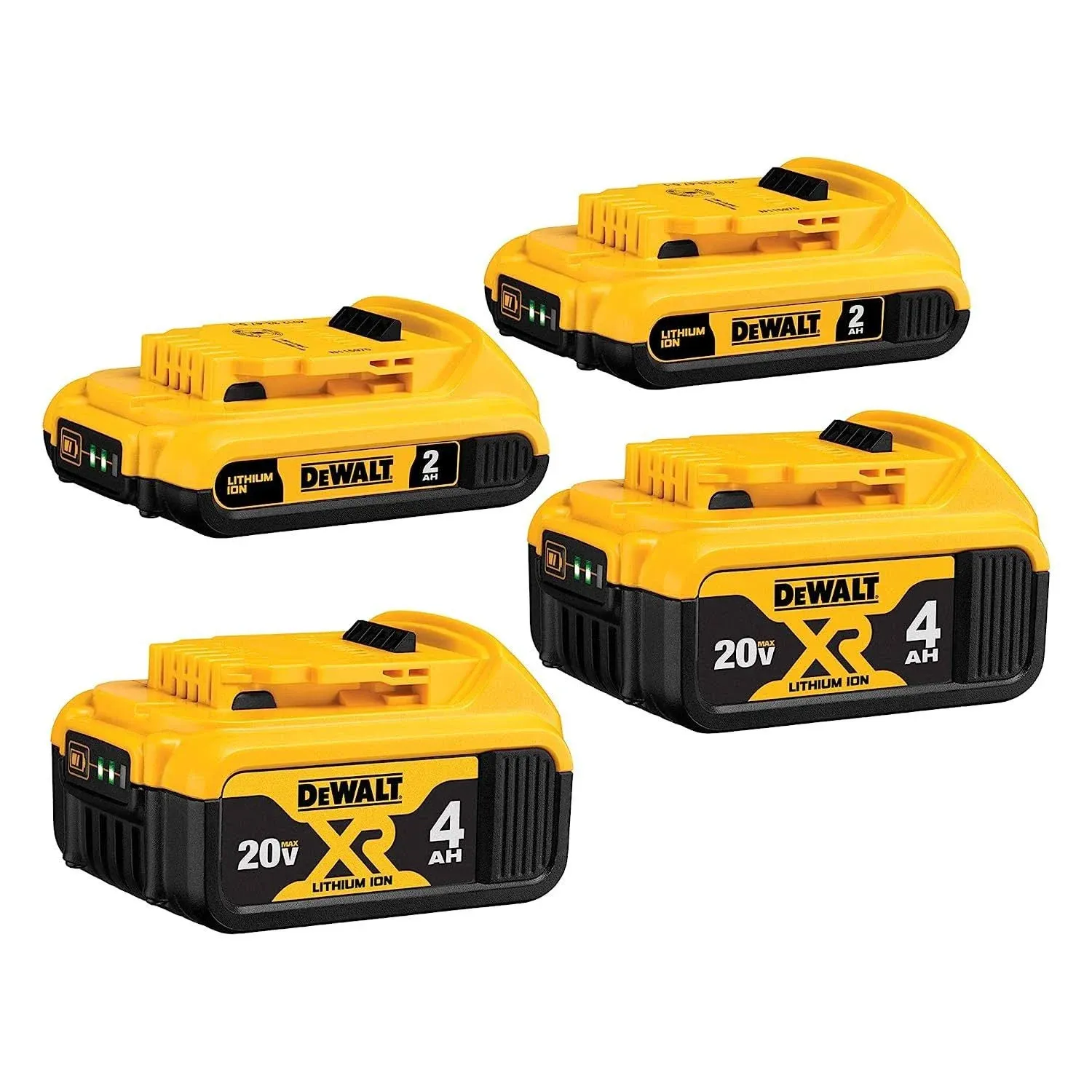 DEWALT 20V MAX Battery, Lithium Ion, 2 Ah and 4 Ah, 4-Pack, Fuel Gauge LED Charge Indicators (DCB324-4)