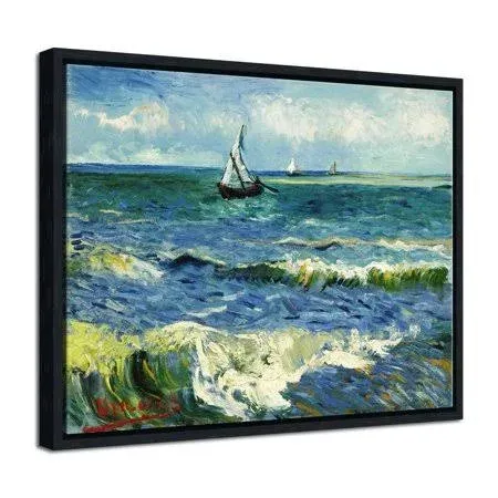 Wieco Art Framed Wall Art Canvas Prints Seascape at Saintes Maries by Vincent Van Gogh Modern Giclee Canvas Prints Sea Pictures on Canvas Wall Art for Living Room Home Decorations Black Frame