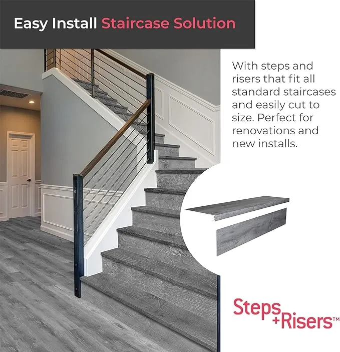 Lucida Surfaces Luxury Vinyl Stair Tread and Riser Combo | Glue Down Wood-Look Stair Treads Cover and Stair Riser | Waterproof | Scratch and Scuff Resistant | MaxCore (Antique Oak)