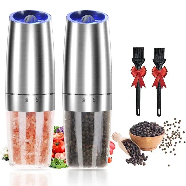 Gravity Electric Salt and Pepper Grinder Set of 2, Adjustable Coarseness, Automatic Mill Grinder, Battery Powered with Blue LED Light, One Hand Operated (Sliver 2 Pack)