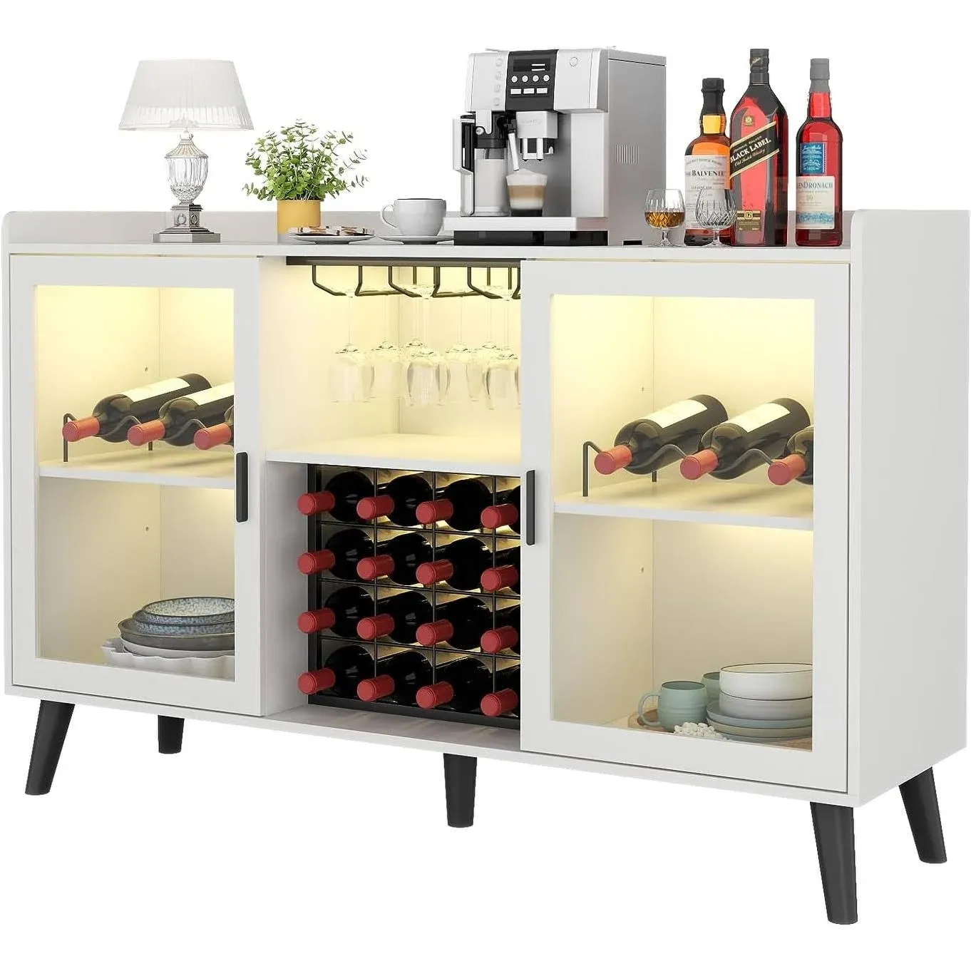 Loomie Wine Bar Cabinet with LED Light, Home Coffee Cabinet with Wine Rack and Glass Holder, Kitchen Buffet Sideboard W Storage Shelf, Freestanding Liquor Cabinet for Living Room, Dining Room (Black)