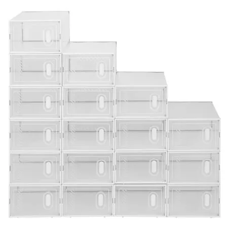 UBesGoo 18 Pack Multipurpose Foldable Stackable Plastic Shoe Boxes and Bins Container Toy Storage Boxes Organizer White with Clear Lid