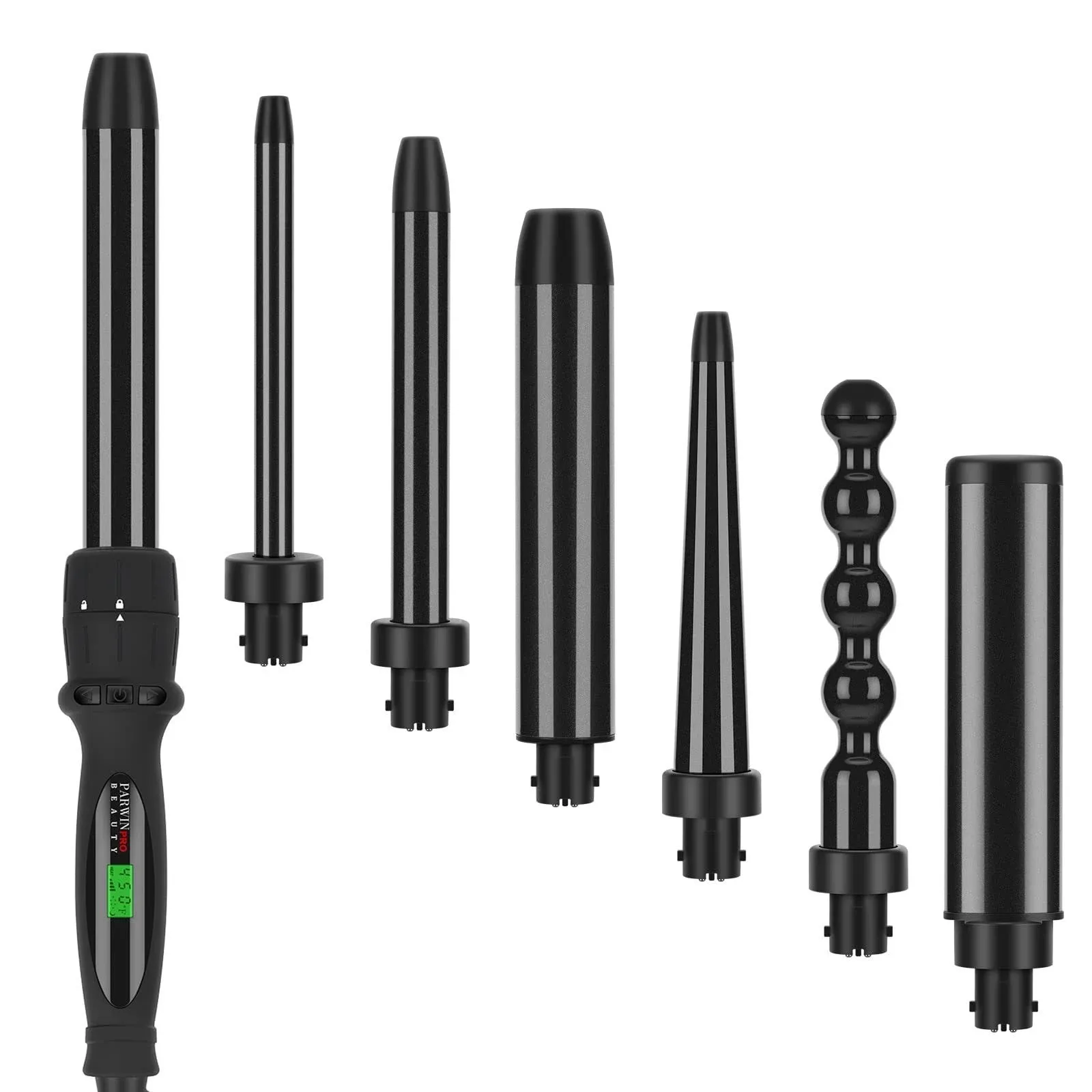 Parwin Pro 7 in 1 Curling Iron Wand Set with 7 Interchangeable Diamond Tourmaline ...