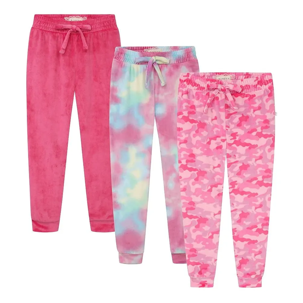 BTween Girl s 3-Pack Velour Jogger Pant Set - Solid  Tie Dye  Camo Sweatpants for Girls  Pink Size 10/12