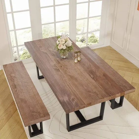 72 Inch Wood Dining Table for 6 to 8, Industrial Farmhouse Kitchen Table with St